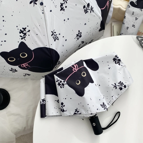 Paraguas Plegable Automático Pongee Protección UV Sol Lluvia Lindo Gato Negro Sombrilla Portátil Resistente Al Viento
