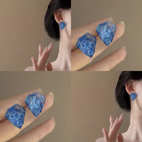 Pendientes De Resina Geométrica Irregular Azul Translúcido Brillo Con Poste De Pendiente De Plata De Ley 925