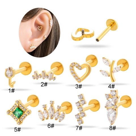 G23 Titanium Piercing Stud Internal Thread Flat Back Labret Heart Crown Cubic Zirconia Body Jewelry Cartilage Earring