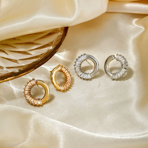 Orecchini a Cerchio in Rame Minimalisti con Strass Baguette per Donna Gioielli di Moda Intarsiati Geometrici Rotondi Eleganti