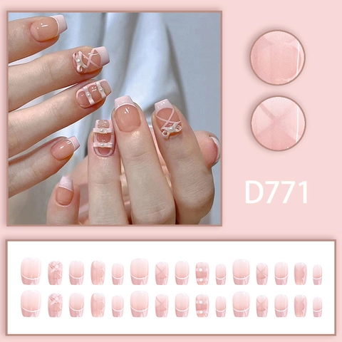 French Gradient Pink Press On Nails With 3D Ribbon Bow Artificial Pearl Short Square False Nails Balletcore Style For Women