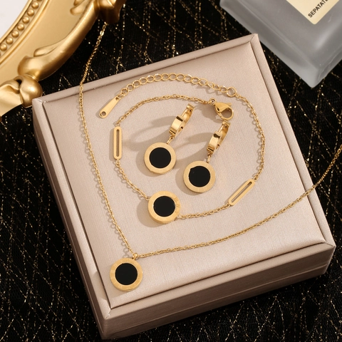 Collana Bracciale Orecchini Acciaio Al Titanio Placcato Oro 18K Numeri Romani Doppia Faccia Smalto Nero Donne Vintage