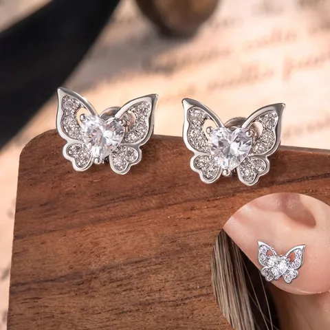 Orecchini A Farfalla Con Zircone A Cuore Lega Strass Perno In Acciaio Inossidabile Chiusura A Vite Gioielli Alla Moda Per Donna