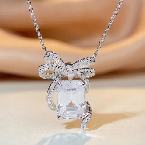 925 Sterling Silber Schleife Halskette Mit Smaragdschliff Zirkon Anhänger Elegante Schmuck Für Damen