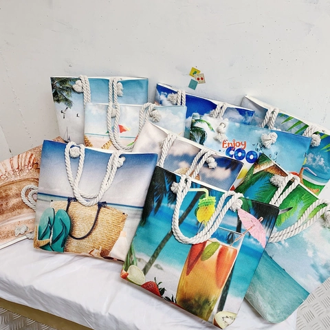 Borsa Da Spiaggia Grande In Tela Cotone Lino Da Donna Con Manico In Corda Vacanze Estive Stampa Tropicale Moda
