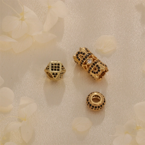 Copper Gold Plated Beads Black Cubic Zirconia Micro Pave Hollow Spacer Beads For DIY Jewelry Making Necklaces Bracelets