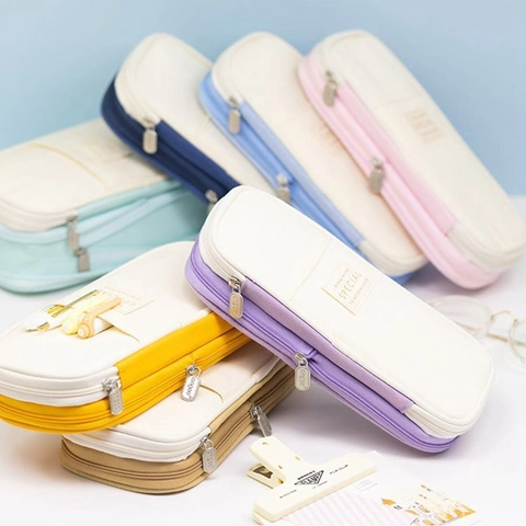Large Capacity Canvas Pencil Case Multi Layer Expandable Stationery Storage Pouch Student School Office Supplies