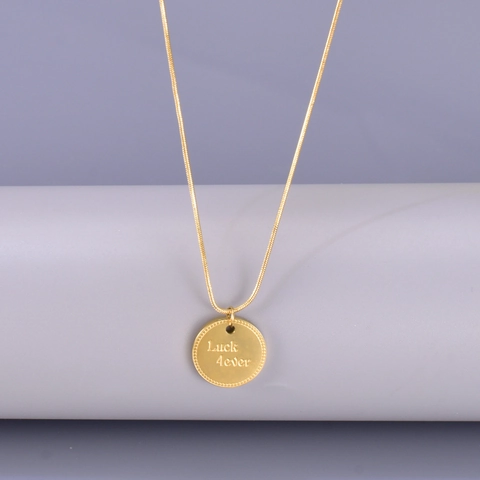 Women 18K Gold Plated Titanium Steel Necklace Engraved Luck 4ever Round Coin Pendant Minimalist Retro Snake Bone Chain
