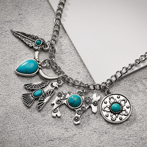 Boho Alloy Turquoise DIY Charms Pendants Retro Ethnic Animal Feather Thunderbird Bull Head For Jewelry Making