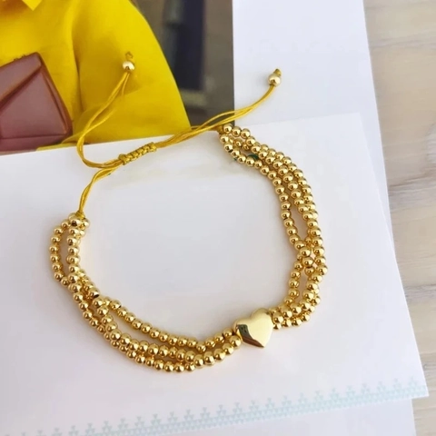 Multi Layer Beaded Bracelet 18K Gold Plated Copper Heart Pendant Adjustable Braided Rope Fashion Jewelry For Women
