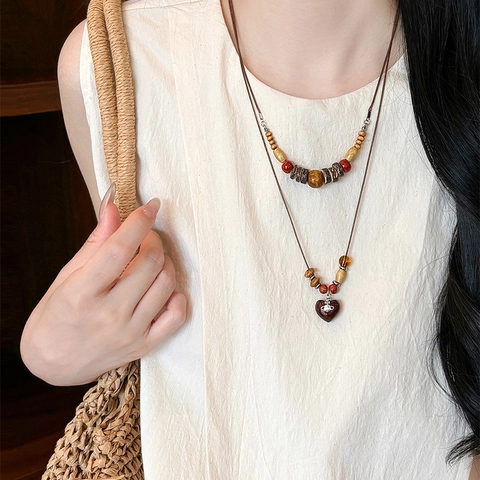Collana Con Pendente A Cuore Etnico Vintage Perline Di Legno A Strati Guscio Di Cocco Gioielli Boho Da Donna