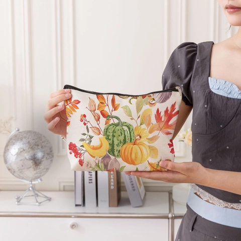 Borsa Cosmetica in Lino Stampa Zucca Foglia d'Acero Autunno Astuccio Trucco da Viaggio con Zip per Ringraziamento Donna