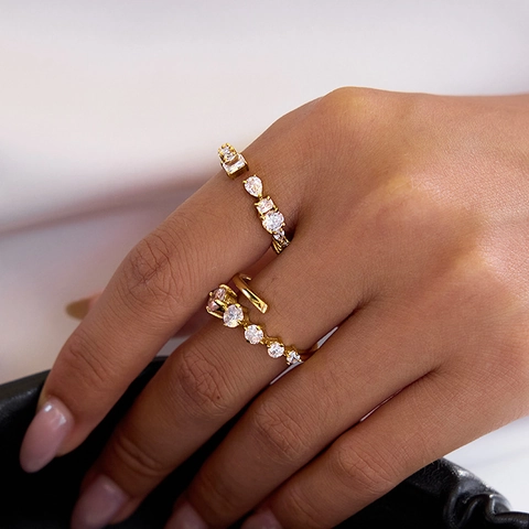Stainless Steel Rhinestone Rings For Women Gold Plated Geometric Open Adjustable Fashion Jewelry Wedding Party Ring Accessory