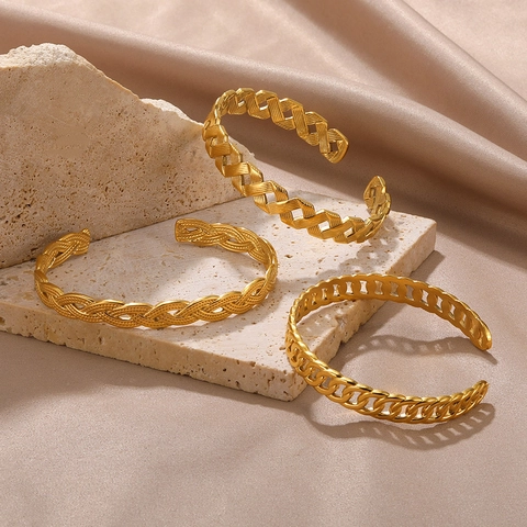 Edelstahl Manschette Armband Gold Vergoldet Verstellbar Offener Armreif Herz Hohl Geflochten Kette Geometrischer Schmuck Damen