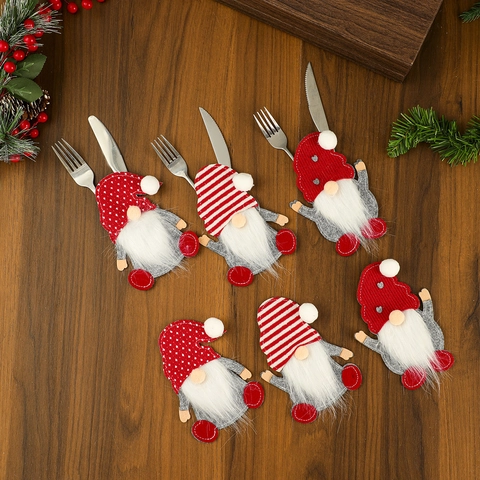 Christmas Gnome Cutlery Holder Flannel Felt Silverware Pockets Holiday Table Decoration Faceless Old Man Dinner Decor