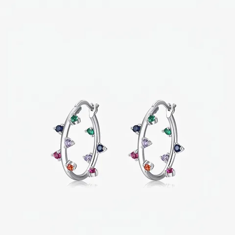 925 Sterling Silver Hoop Earrings With Colorful Zircon Stones Rainbow Chic Fashion Jewelry For Women