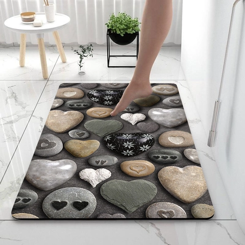 Tappetino Da Bagno 3D Ciottoli Antiscivolo Assorbente Stile Diatomee Asciugatura Rapida Bagno Ingresso Decorativo