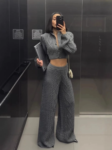 Cardigan E Pantaloni In Maglia Donna Trecce Bottoni Vita Alta Gamba Larga Vintage Tinta Unita Completo