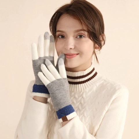 Guantes De Invierno De Punto Mezcla De Lana Forro Cepillado Color Block Pantalla Táctil Sensible Para Mujeres Hombres