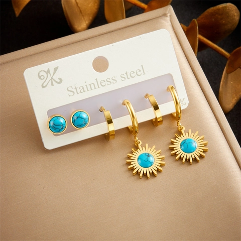 Pendientes De Acero Inoxidable Turquesa Vintage Colgante Sol Aros Y Botones Estilo Bohemio Joyería Moda Mujer