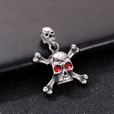 Skull Crossbones Pendant Necklace Stainless Steel Red Rhinestone Eyes Hip Hop Punk Gothic Jewelry For Men