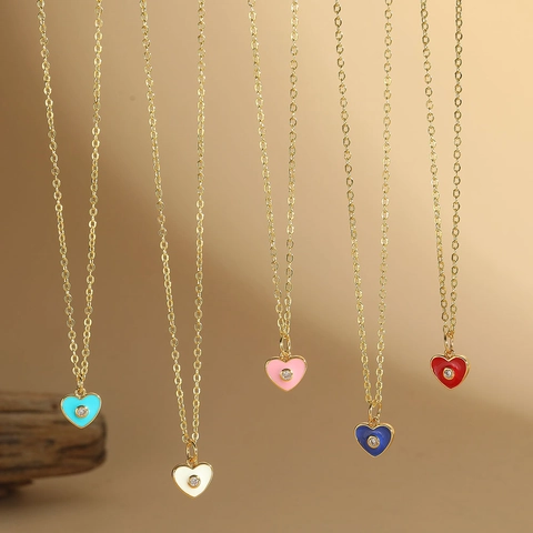 Collier Pendentif Cœur Rétro Français Cuivre Zircon Émail Chaîne De Clavicule Bijoux Femmes