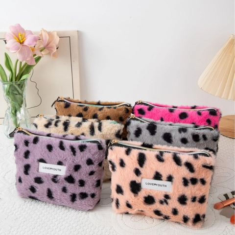 Leopard Muster Plüsch Kosmetiktasche Retro Kunstfell Make-up Beutel Tragbare Reise Kulturbeutel Für Damen
