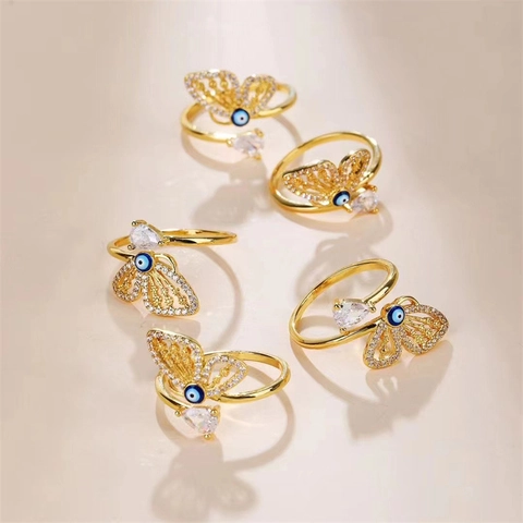 Schmetterling Böser Blick Offener Ring Vergoldetes Kupfer Zirkonia Verstellbarer Minimalistischer Modeschmuck Für Damen