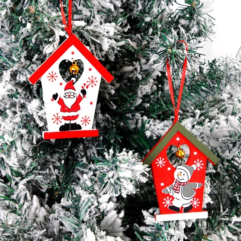 Weihnachten Holz Hütte Hängende Dekoration Weihnachtsmann Schneemann Anhänger Mit Metallglocke Xmas Baum Atmosphäre Haus Party Deko