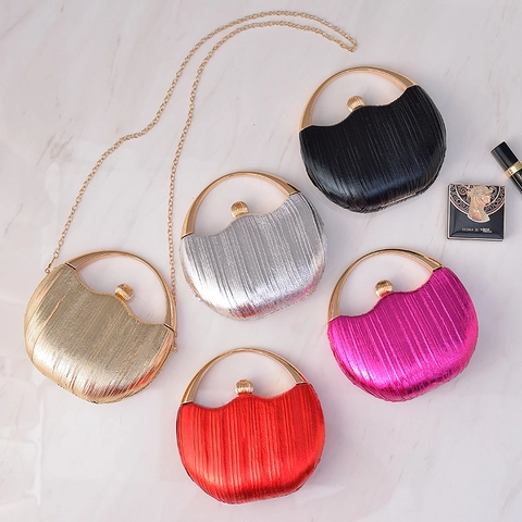 Elegante Avondtas Clutch Dames Geplooid PU Leer Handtas Ronde Metalen Handgreep Kettingriem Voor Feest Bruiloft Banket