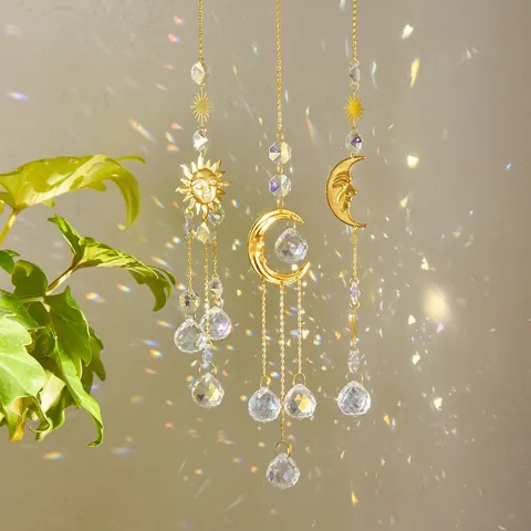 Crystal Suncatcher Moon Sun Star Gold Metal Rainbow Maker Hanging Ornament Home Garden Window Decor