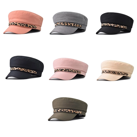 Chapeau Militaire Femme Coton Motif Léopard Toit Plat Casquette Automne Hiver Style Britannique Gavroche Béret Avec Chaîne
