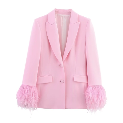Women Elegant Pink Polyester Blazer Top High Waist Straight Leg Pants Bottom Business Casual Suit With Feather Cuffs