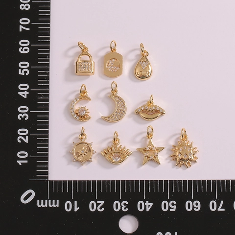 Vergulde Messing Hangers Bedeltjes Met Zirkonia Maan Ster Zon Slot Ogen Voor DIY Sieraden Maken Modieuze Accessoires