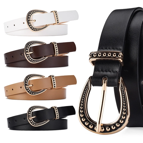 Women Vintage PU Leather Belt With Bohemian Alloy Horseshoe Pin Buckle Solid Color Fashion Waist Strap For Jeans