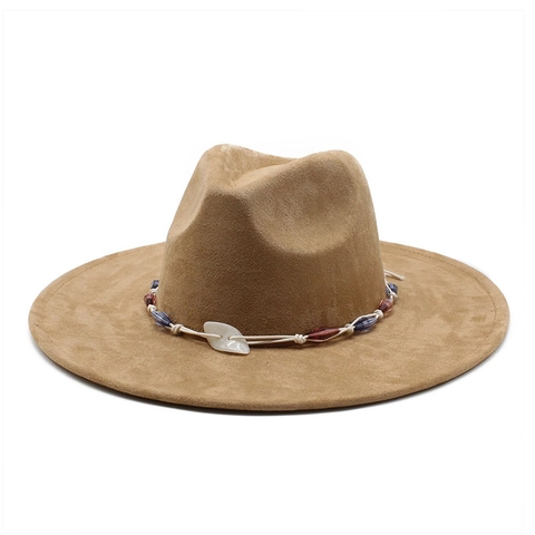 Vintage Fedora Hat Ethnic Style Wide Brim Suede Polyester With Decorative Beads And Shell Pendant For Men Women Jazz Style