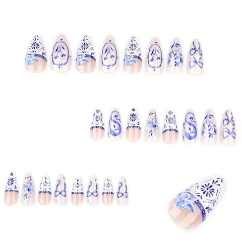 Blauw Witte Porselein Kunstnagels Press On 3D Bloem Strik Ontwerp Chinese Stijl Lange Amandel Franse Stijl