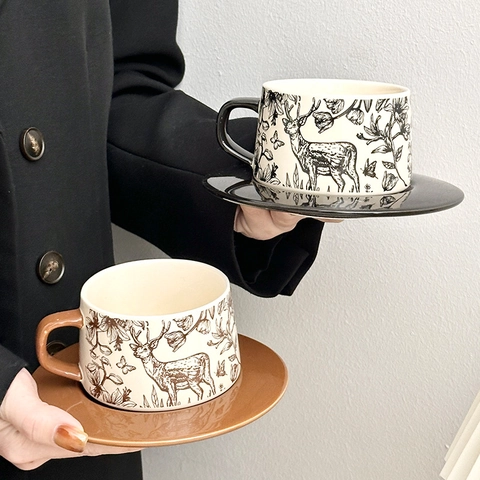 Vintage Ceramic Coffee Cup And Saucer French Toile De Jouy Forest Deer Floral Print Afternoon Tea Mug Drinkware