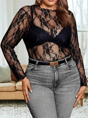Damen Plus Size Floral Spitze Top Durchsichtig Transparent Langarm Rundhals Elegante Bestickte Bluse
