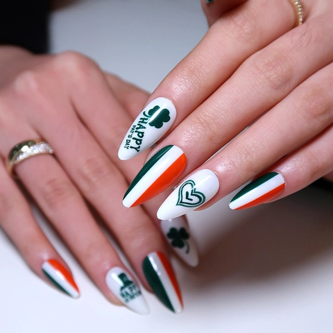 St Patricks Day Künstliche Nägel Stiletto Full Cover Grün Weiß Orange Kleeblatt Herz Design Festliche Accessoires Für Damen
