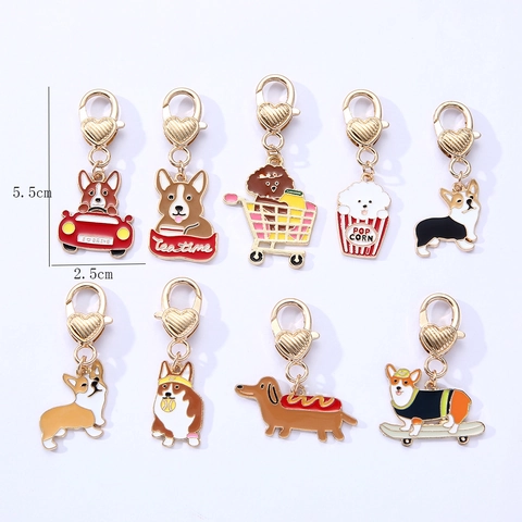 Cartoon Dog Keychain Cute Corgi Teddy Alloy Enamel Animal Bag Pendant Heart Clasp Charm Gift For Women Kids