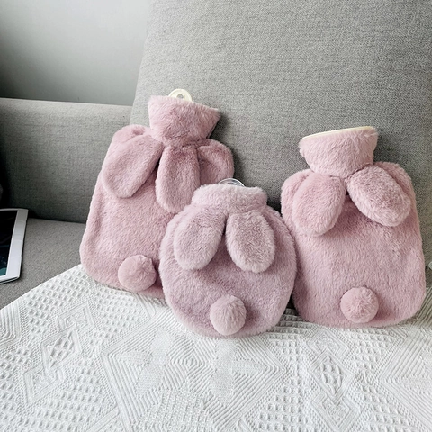 Hot Water Bag With Faux Rabbit Fur Plush Cover Bunny Ears Tail Design Leakproof Portable Winter Warmer For Pain Relief