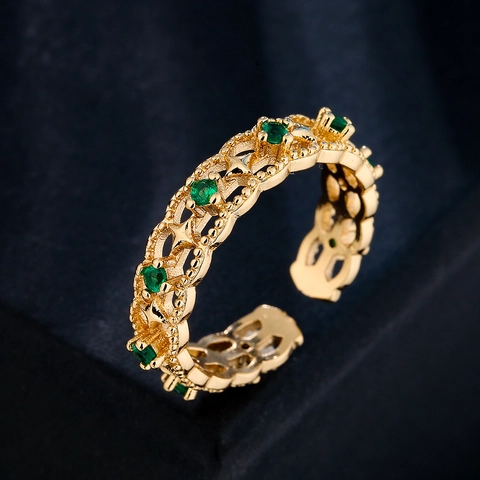 Retro Offener Ring Kupfer 18K Vergoldet Mikro Eingelegter Grüner Zirkon Schmuck Für Frauen Verstellbarer Luxus Stil