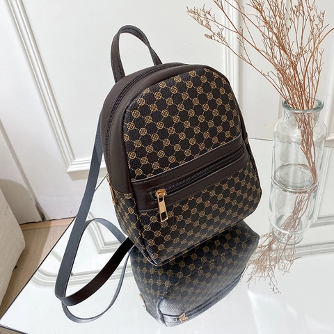 Mochila Mini Para Mujer Cuero PU Estampado Monograma Moda Pequeño Bolso Viaje Escolar Dulce Casual Asa Superior Correas Ajustables