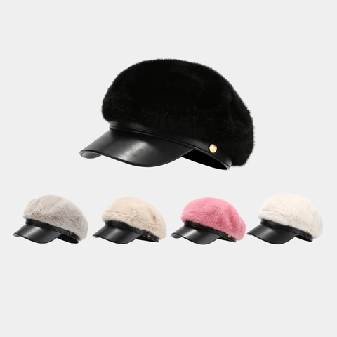 Newsboy Mütze Damen Winter Warm Kunstpelz PU Leder Schirm Vintage Elegant Baker Boy Hut Mit Metallknopf Dekor