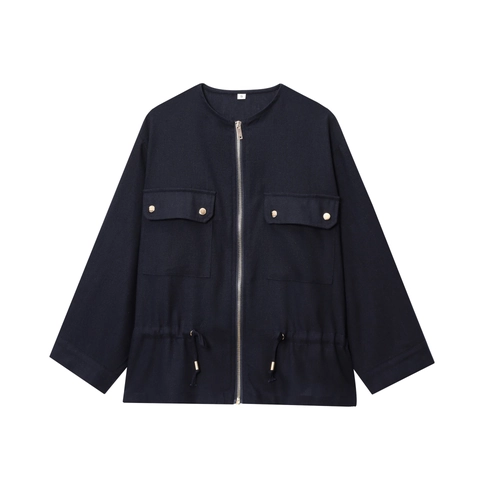 Chaqueta De Mujer Manga Larga Mezcla De Lino Cremallera Safari Utilitaria Con Cordón Y Bolsillos Ropa De Abrigo Casual