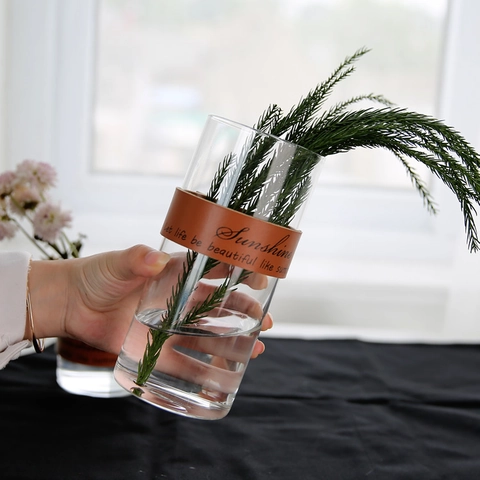 Nordic Glass Vase Transparent Cylindrical Flower Pot With Leather Strap And Metal Rivet For Home Office Desktop Decor