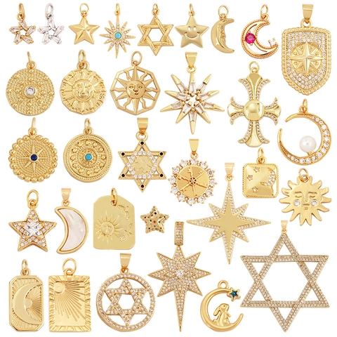 Colgantes Celestiales DIY Dijes Sol Luna Estrella Aleación Chapado En Oro Con Circón Diamantes De Imitación Joyería