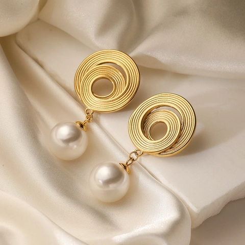 Vintage Titanium Steel Geometric Spiral Drop Earrings With Artificial Pearl Gold Silver Color Fashion Jewelry For Women