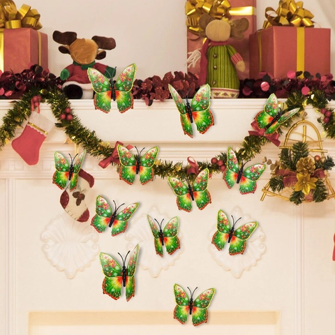 Schmetterling Wandaufkleber 3D Stereo PVC Selbstklebend Weihnachtsfeier Home Decor Rot Grün Schneeflocke Blumenmuster